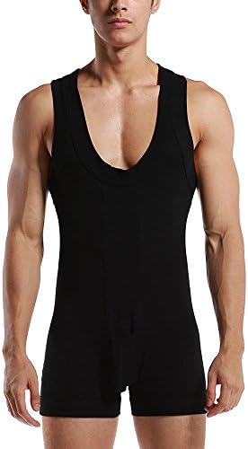 Eastlion Men's Sexy Sports Suspenders Wrestling Bodysuit Pure Color Breathable Cotton Sportswear,Black,XL