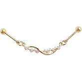 Zynova 16G CZ Gold Chain Industrial Barbell Earring 316L Surgical Steel Cubic Zirconia Star Chains Industrial Piercing Jewelry Cartilage Conch Barbell Earrings for Women