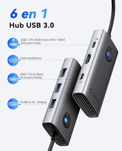 ORICO Docking Station, 6 in 1 USB C Hub with HDMI 4K+ PD100W + 4 USB 3.0 Ports, Multiport USB 3.0 Adapter Compatible with MacBook/DELL/HP/Surface