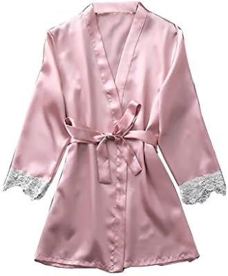 Womens Dressing Gown-Silk Satin Ladies Bathrobe, Kimono Bridesmaid Lace Short Robe for Wedding Party with Belt