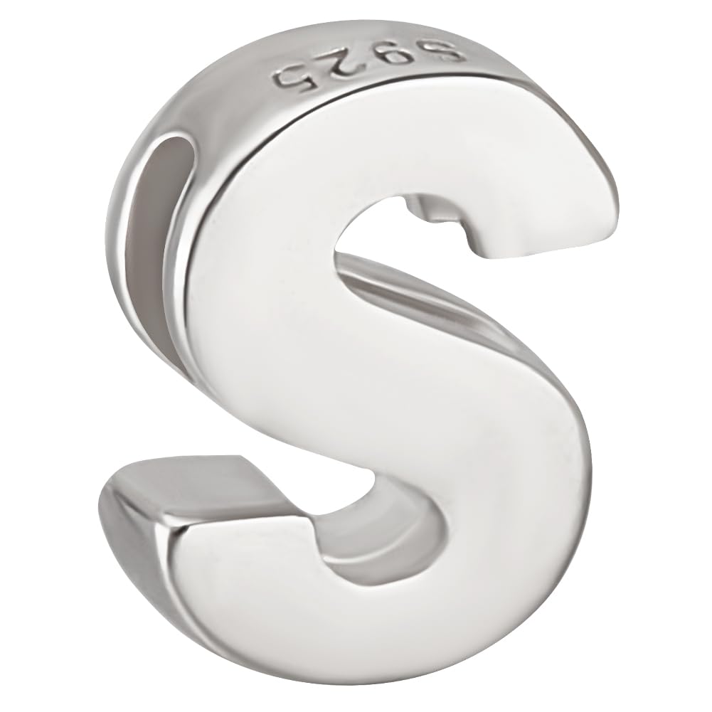 Beebeecraft Letter Bead Letter-S Sterling Silver Capital Letter Alphabet Bead Initial Necklace Bracelet Pendant Charm for Jewelry Making