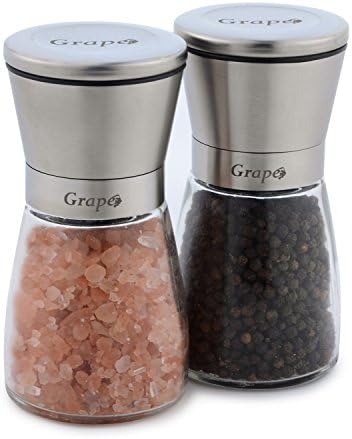 Premium Salt and Pepper Grinder Set - Brushed Stainless Steel Salt and Pepper Mill Pair - Elegant Deluxe Salt and Pepper Grinder by Grape