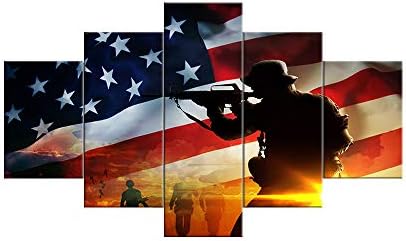 US American Flag Navy Soldier Military Canvas Print Wall Artwork Independence Day House Decor Skinny Purple Line Footage for Dwelling Room Bed room 5 Panel Poster Portray Framed Able to Dangle (70″Wx40″H, m)