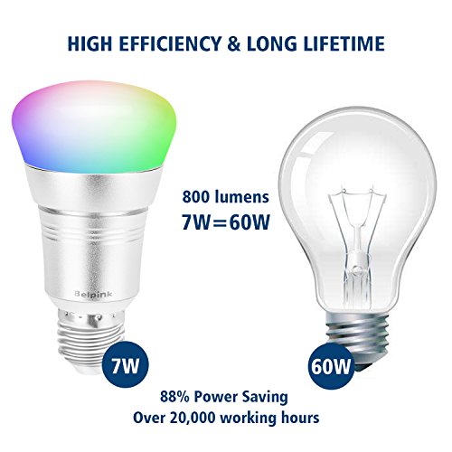 Smart WiFi Bulb, E27 7W LED Light Wireless Smartphone Remote Control, RGB-W Multi Color(2700-6400K)Dimmable Lighting No Hub Required (Compatible with Amazon Alexa, Google Home)