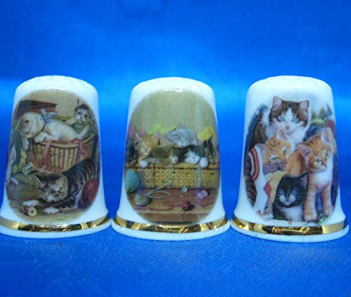 Birchcroft Porcelain China Collectable - Set of Three Thimbles - Kittens in Baskets