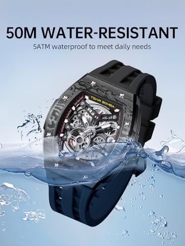 TSAR BOMBA Men's Automatic Watch Skeleton Watch Luxury Barrel Mechanical Watch 50m Waterproof Analog Watch