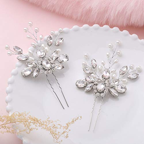 Barogirl Wedding Hair Pins Decorative Faux Pearl Hair Pin Clip Rhinestone Hair Jewelry for Women and Girls 2 PCS (Silver)