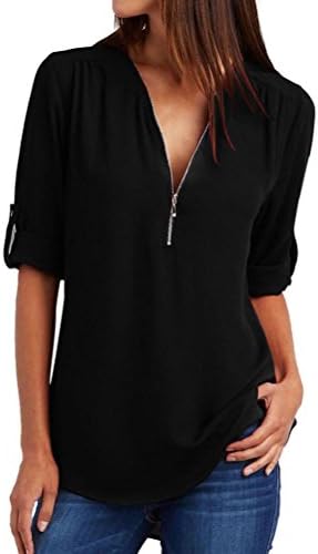 Women T-Shirt Among Fashion Casual Chiffon Tops Loose Top V-Neck Half-Sleeve Zipper Sexy Elegant Blouse Coat (L, Black)