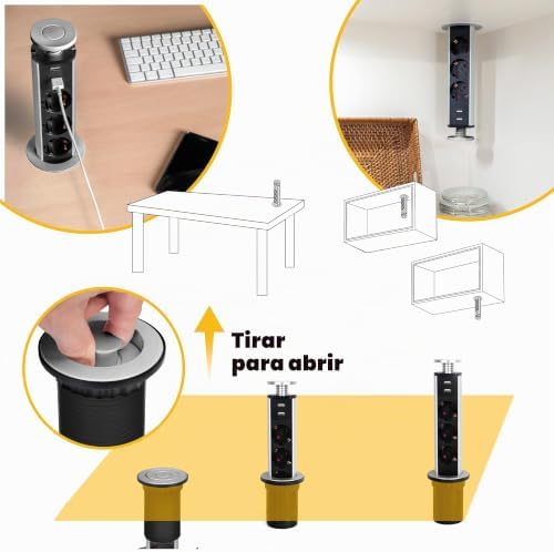 - Regletas Enchufe encastrable, Regleta multienchufe retráctil con Carga rápida, 3 enchufes EU y 2 USB A+1USB C, Torre de enchufes empotrable para encimera, Gris Metalizado, Plástico, Aluminio