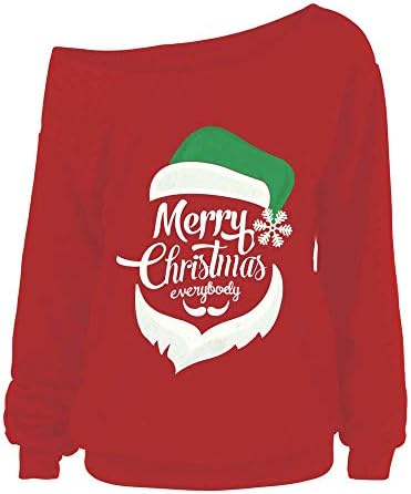 Orangeskycn Women Casual Sweatshirts Christmas Santa Print Off Shoulder Top