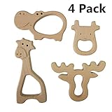 Wooden Teething Rings by Hombae, Natural Wood Teether, Cute, Unique Design, Wooden Teething  for Pain Relief for Infant, Baby, Toddler, BPA Free, Animal Shapes, 4 Pack