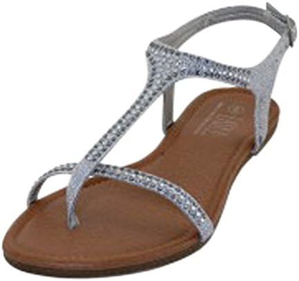 Womens Rhinestone Strap Gladiator Style Thong Sandals Flats (10, Silver Strap)
