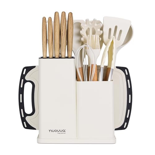 Cooking Utensils Set with Chopping Board – Knife Set with Block – Heat Resistant Silicone Utensils with Wooden Handle, Spoons, Ladles & Spatula – Kitchen Tools & Accessories – 17pcs, Cream – by Nuovva