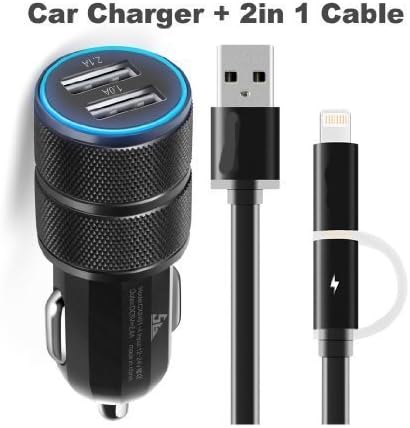 ShuoGe 2 Port 2.1A Dual USB Car Charger and CE Certified 2in1 3ft Apple iphone Lightning to USB Cable &amp; Micro USB to USB Cable for Smart Cell Phones(Black)