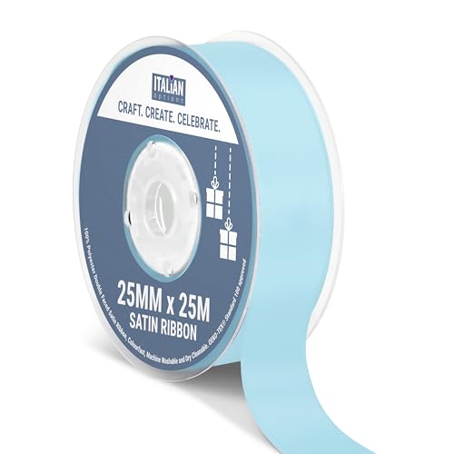 Italian Options Satin Ribbon, Fabric Ribbons for Gift Wrapping, Crafting, Balloons, Wedding Car, Presents, Cake, Christmas, Birthday, Gift Wrap Accessories, 25mm Wide x 25 Metre Roll, Pale Blue