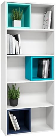 Mia Mobili Alto Rectangular 4 shelf Bookshelf Organizer (White / Turquoise / Blue)