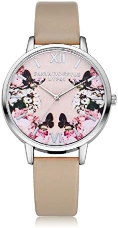 Khakhi Strap Pink Dial Butterfly and Flower Pattern Dress Watch for Girls and Women