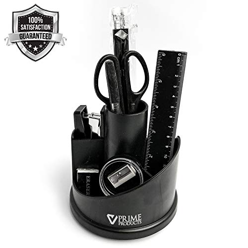 Rotating Black Desk Organizer for Office Supplies | Includes Pencils, Eraser, Pen, Scissors, Pencil Sharpener, Ruler, Stapler, Staples, Staples Remover and Paper Clips