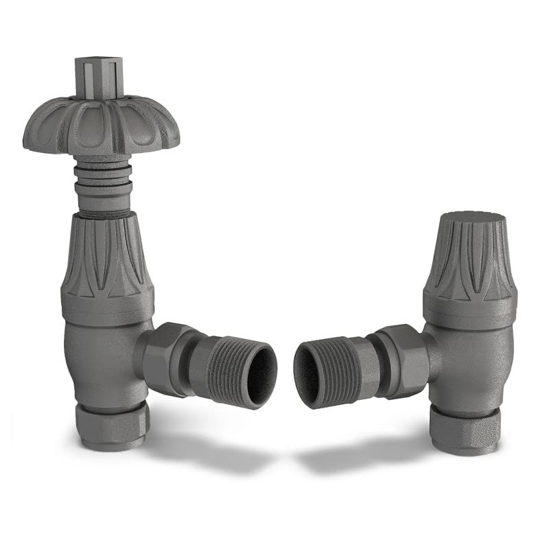 UK Radiators Natural Pewter Thermostatic Radiator Valve and Angled Lockshield Valve - Matt Natural Pewter Finish - Traditional Design 1/2" x 15mm Metal Head Radiator Valve