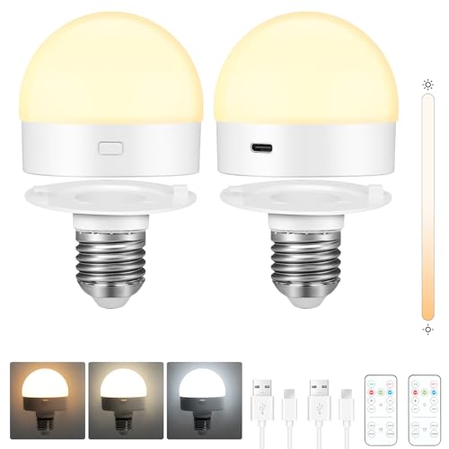 E27 Battery Operated Light Bulb, 2 Pack Rechargeable Cordless Bulbs with Remote Control, Detachable Magnetic Charging, Dimmable LED Bulb with 3 Color Temperatures & Timer for Lamps