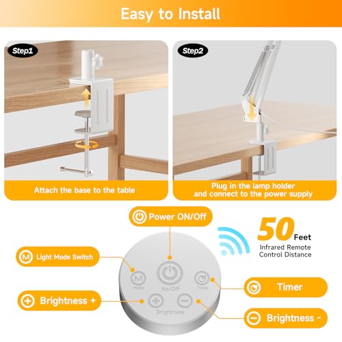 SKYLEO LED Desk Lamp, Dual Head Desk Lamp with Clip, with Remote Control, 2400 LM, 5 Color Temperature Modes, Home Desk Lamp, 24W, White