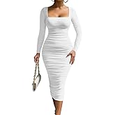 LAGSHIAN Women's Cocktail Bodycon Long Sleeve Square Neck Mesh Ruched Club Party Midi Dress