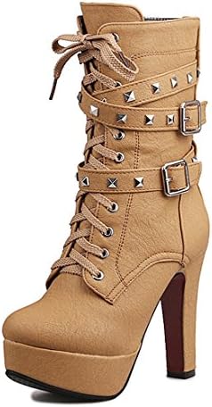 Odetina Women's Sexy Lace-Up Zipper Buckle Strap Chunky High Heel Platform Mid Calf Punk Boots with Rivet Stud