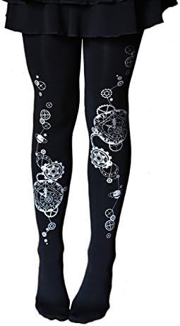 Victorian Foundry Women's Steampunk Silver Clock Gear Tattoo Opaque Black Steam Punk Tights