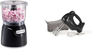 Hamilton Beach Mini 3-Cup Food Processor & Vegetable Chopper, 350 Watts, for Dicing, Mincing, and Puree, Black (72850) & 6-Speed Electric Hand Mixer with Snap-On Case, Beaters, Whisk, Black (62692)