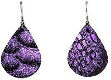 Handmade Mystic Python Pattern Metallic Purple Small Teardrop Cowhide Leather Earrings