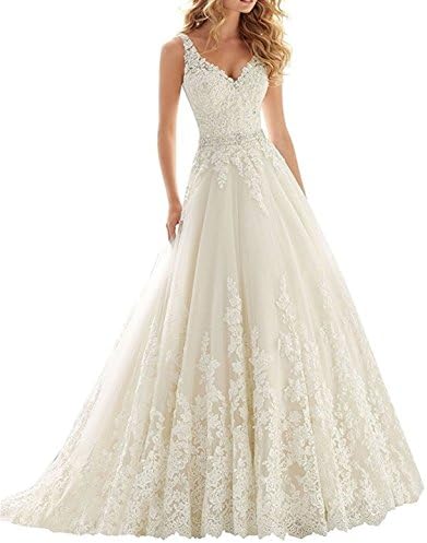 Women's V-Neck Lace Appliques Court Train Belt Wedding Dress
