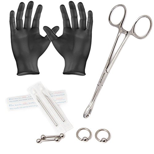 EG GIFTS 10 Gauge Piercing Kit Surgical Steel Captives, Barbell, Needles, Forceps,Gloves