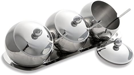 Emiica Premium Stainless Steel Condiment Set - 3 Condiment Pots with Lids, Serving Spoons and 1 Condiment Tray
