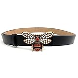 MoYoTo Women 1.10″ Thin Genuine Leather Fashion Bee Designer Buckle Belt With Pearl (Black)