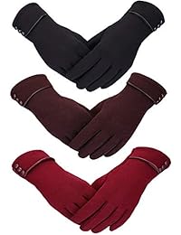 Patelai 3 Pairs Women Winter Gloves Warm Touchscreen Gloves Windproof Plush Gloves for Women Girls Winter Using (Black, Wine Red, Brown)