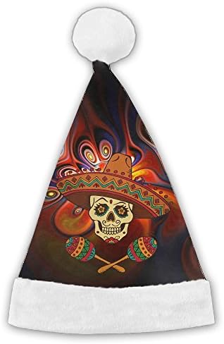 Mexican Decorations Collection, Mexican Sugar Skull Cartoon Carnival Traditional Celebration Image Pattern Fun-Filled Christmas &amp; Holiday Party Santa Hat For Children Adult