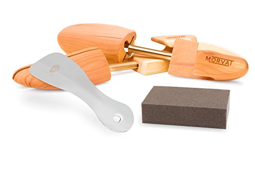 Morvat Premium Quality Adjustable Cedar Wood Shoe Tree with Bonus Metal Shoe Horn, Sanding Sponge, and Carry Bag | Shoe Shaper Insert- Size XL