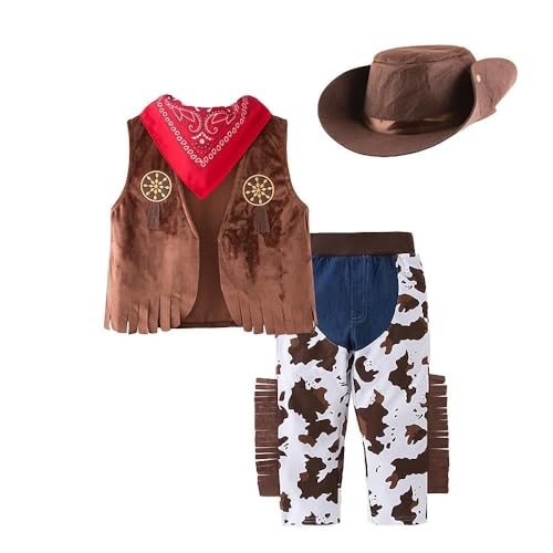 4 Pcs Cowboy Costume Kids Dress Up, Cowboy Costume for Boys, Dress Up Set with Waistcoat, Bandana and Hat for Baby Little Kids Boys, Brown, Birthday Halloween Party Cosplay Size 120cm