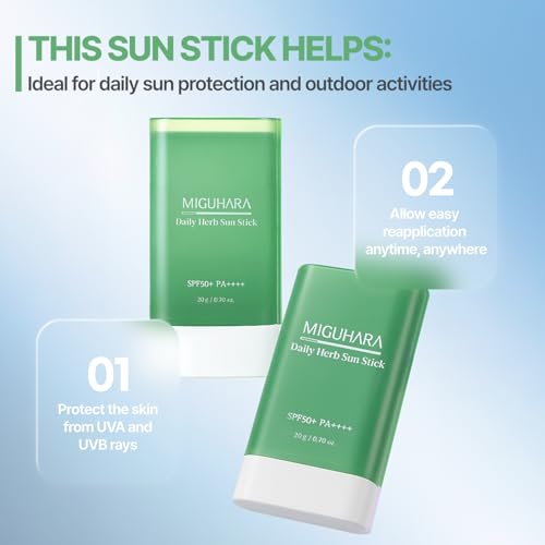 MIGUHARA Daily Herb Sun Stick SPF50+ PA++++, 20g, Vegan Korean Sunstick with Niacinamide & Calming Botanicals Herb Extract, Clear Zero White Cast Formula, Semi-Matte Dewy Finish, EWG Green Grade