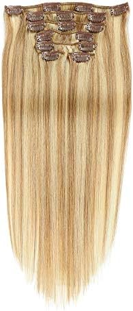 JIAMEISI Blonde Hair Extension 18 Inch 7pcs 70g Human Hair Extensions Clip In Full Head Blonde Human Hair Extension Long Straight For Lady (45cm,#27/613 Strawberry Blonde/Bleach Blonde)