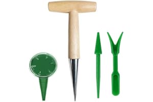Quhoxdye Stainless Steel Garden Dibber Bulb Planter with Wooden Handle, Sowing Seeds Transplanting Vegetable Flowers,Tool Flo