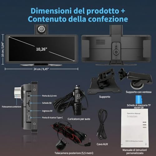10.26 Inch Car Play Screen Car Play for Wireless Car and Android Car, 4K Dash Cam, Support 1080P Rear View Camera, IPS Touch Car Screen, Mirror Link, BT/FM/AUX, TF 64GB, Plug and Play 12V/24V