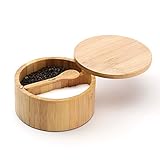 KITCHENDAO Bamboo Salt and Pepper Box - No Chemical Smell - Built-in Serving Spoon to Prevent Lost - Swivel Lid with Magnet to Keep Dry, Dust-Free - Fillet Design - 7 oz Capacity Each Compartment