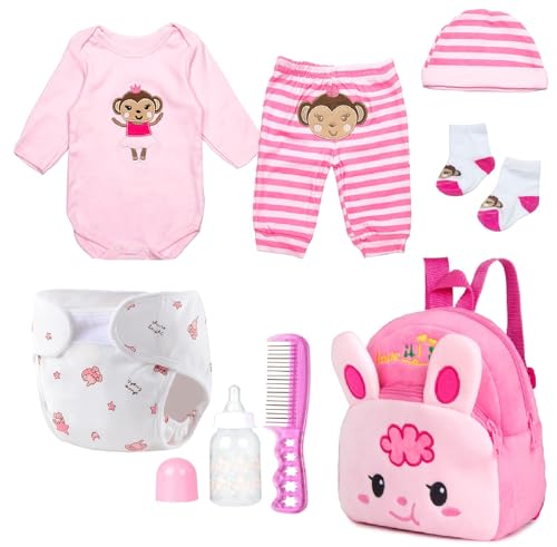 PEDOLLTREE Reborn Baby Doll Clothes Outfit Accessories Pink 8 Pcs Set with Rabbit Backpack&Diaper for 17-22 Inch Reborn Doll Newborn Baby Girl