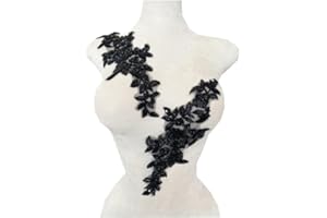 PLune Lace Beaded Applique Perfect Shining Trim Patches for Wedding Dress Clothing Accessories one Pair/Bag 5.5X12.9inches (Black)