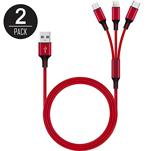 2 Pack Multi USB Charger Cable 3 in 1 USB Fast Charging Cable USB to Type c/Micro USB Charging Cord Compatible Samsung Galaxy S9 S8 Note 8, Pixel, LG V30 and More Red