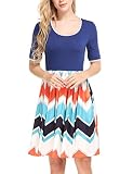 Zeagoo Women Wave Striped Round Neck Half Sleeve Summer Beach Party Dresses Blue M