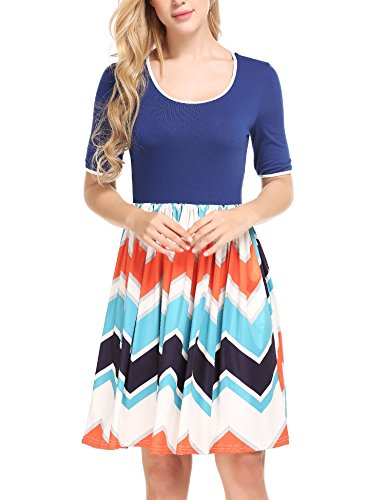 Zeagoo Women Wave Striped Round Neck Half Sleeve Summer Beach Party Dresses Blue M