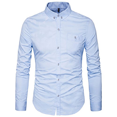 MUSE FATH Mens Printed Casual Button Down Shirt-Cotton Long Sleeve Regular Fit Dress Shirt-Light Blue-S