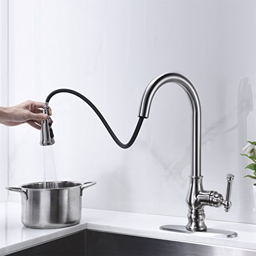Kitchen Faucet Brushed Nickel with Pull Out Sprayer Delle Rosa Single Handle High Arc Swivel Brass Pre-rinse Kitchen Sink Faucets with Deck Plate